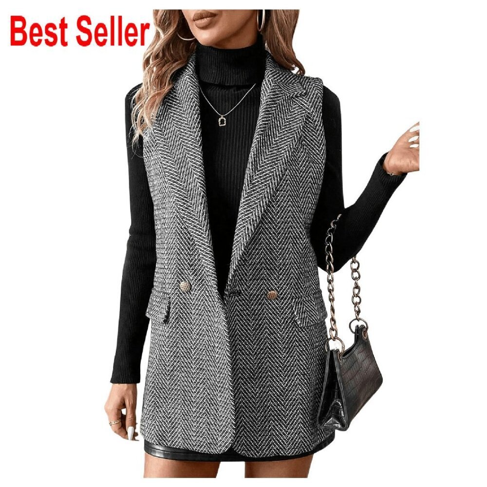 Tweed Blazer Vest Sleeveless Lapel Collar Business Casual Jacket Coat